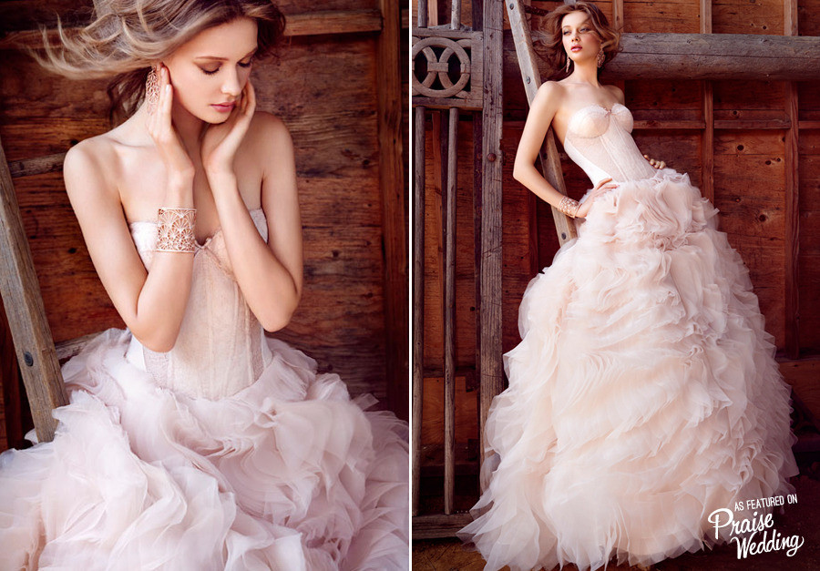 This sherbet textured Lazaro blush gown with Chantilly lace and chapel train is downright droolworthy!