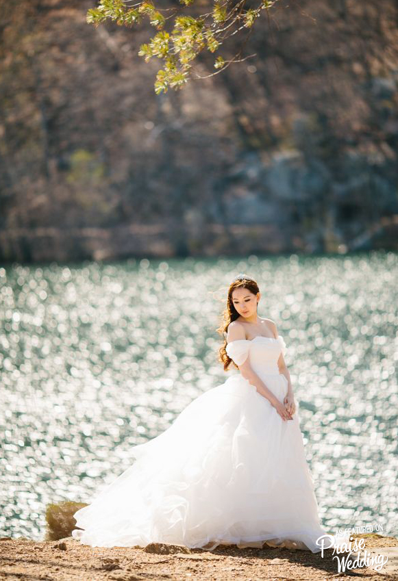 A beautiful lakeside bridal portrait with a romantic off-shoulder dress!