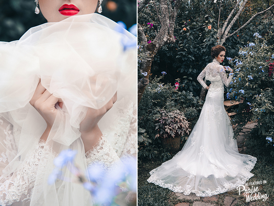 Sophisticated and charming bridal portrait filled with garden flowers and lace!