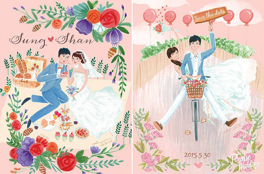 Tell your love story with these adorable hand-illustrated watercolor invitation cards!