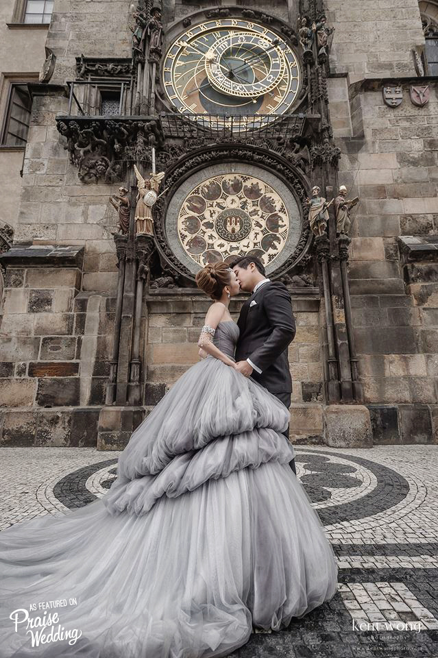 Breath-taking Europe pre-wedding session with historical scenery and a gorgeous grey gown!