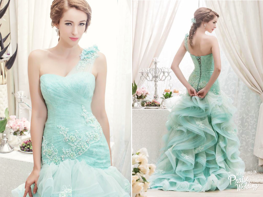 This mint one-shoulder ruffle gown from Whitelink Bridal is so fresh and feminine!