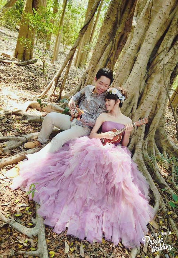 So in love with this Bridal look:  Rustic hairstyle, pinkish-purple ruffle gown, and her adorable ukulele! 