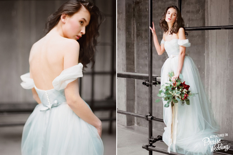 Romantic light grey off-shoulder Milamira bridal gown, we're graced with gorgeousness!