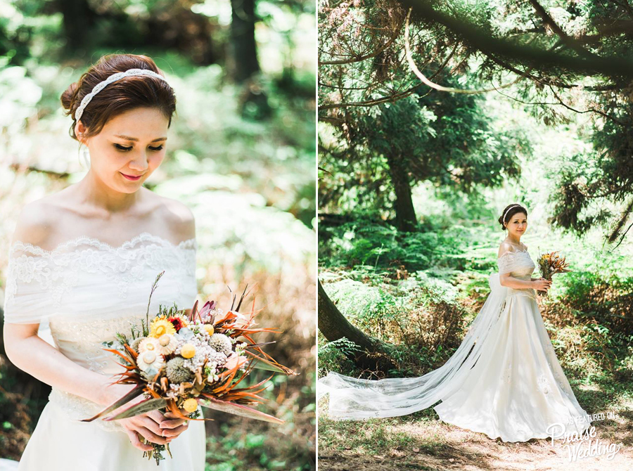 Romantic bridal portrait in the forest; soft, feminine, and that natural glow