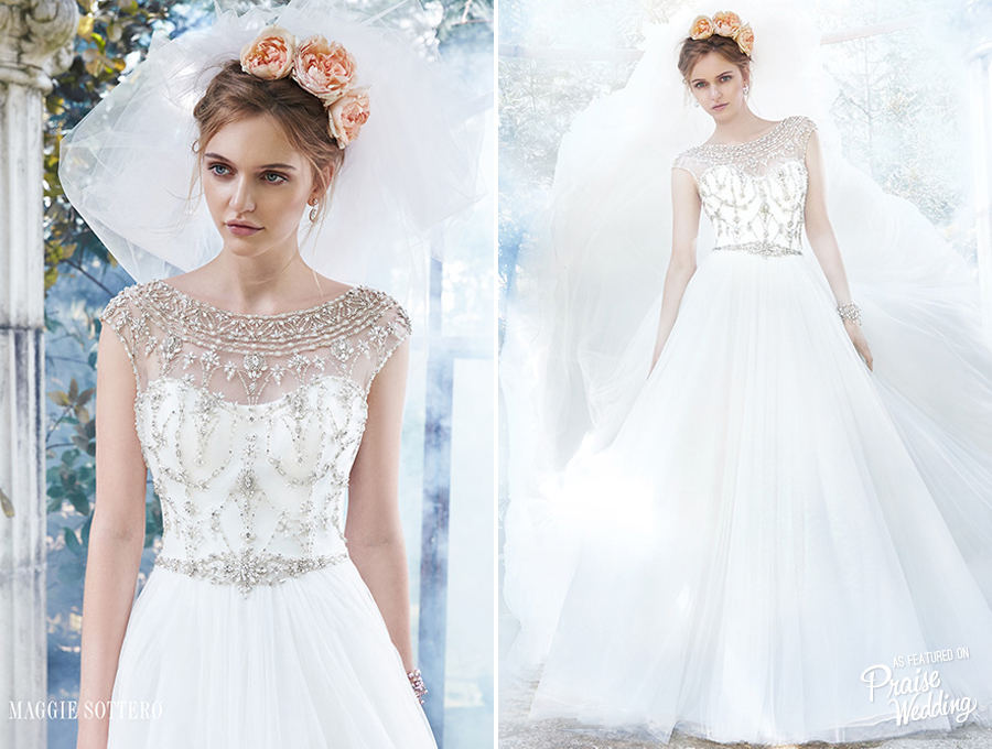 "Leandra" Gown by Maggie Sottero, accented with a stunning illusion neckline edged in Swarovski crystals!