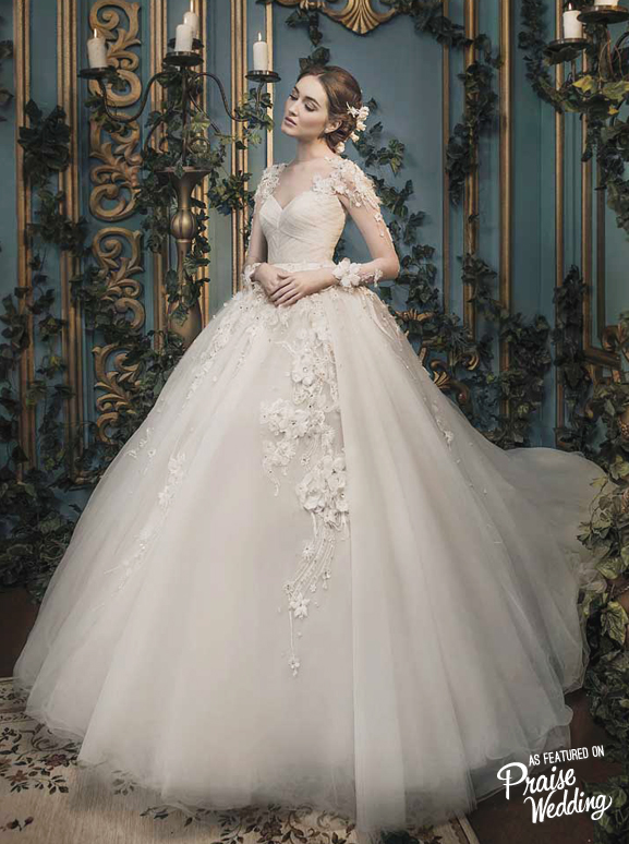 Timeless ball gown design meets sweet 3D florals, the result is an elegant symphony!