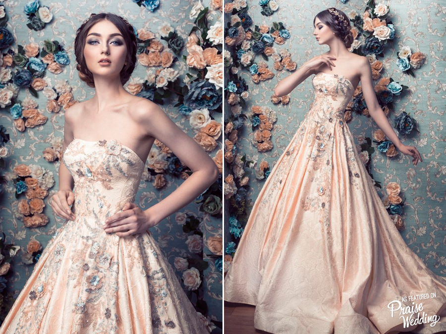 Gorgeous metallic peach Jessica Sim bridal gown with unique embroideries!