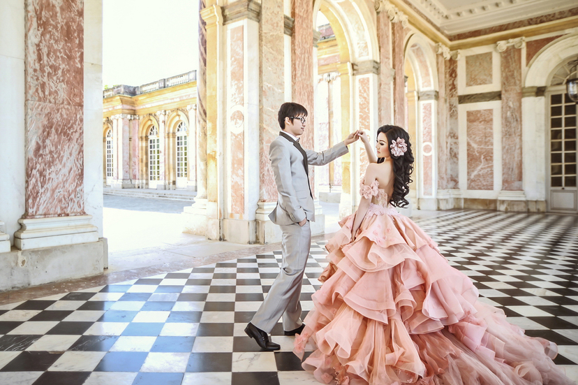 Shall we dance? Romantic scene with a gorgeous pink bridal gown!