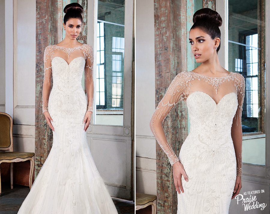 Justin Alexander spring 2016 mermaid dress with stunning jeweled neckline and sleeves! 