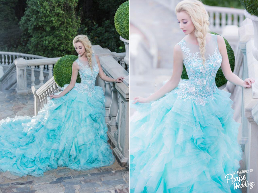 Romantic blue ruffled gown featuring illusion neckline and glamorous embroideries!