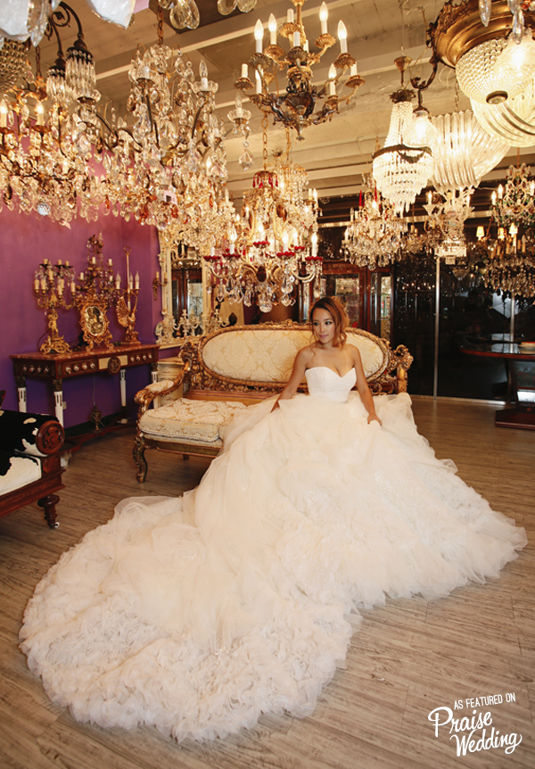 Downright droolworthy bridal gown featuring simple sweetheart bodice and glamorous ruffles!