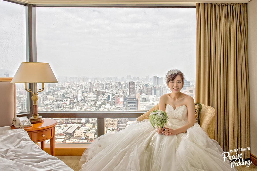 Beautiful bridal portrait with stunning window view,  overflowing with regal glamour!