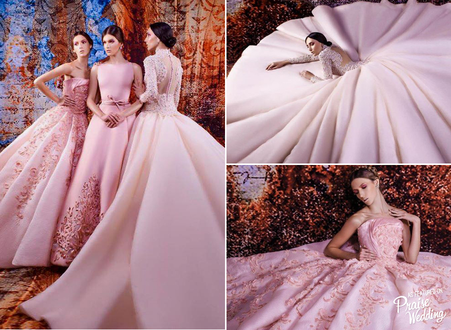 Ezra Couture's new collection features a sophisticated take on pink with incredibly fashion-forward detailing!