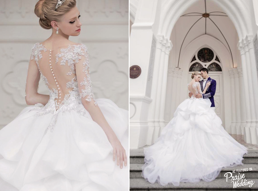 We simply cannot say no to this beautiful ball gown featuring lacey illusion and incredibly feminine detailing!
