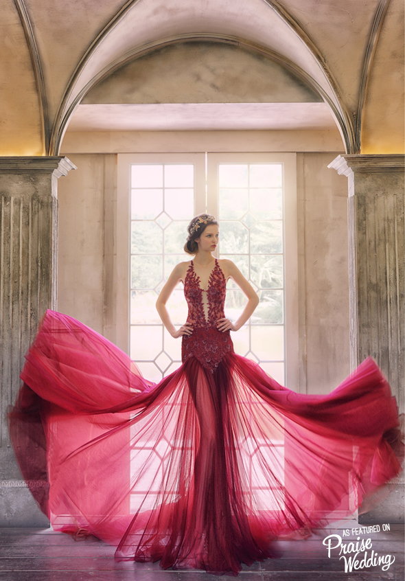 This body-hugging red gown layered with illusion lace features unforgettable detailing with exquisitely feminine silhouette!