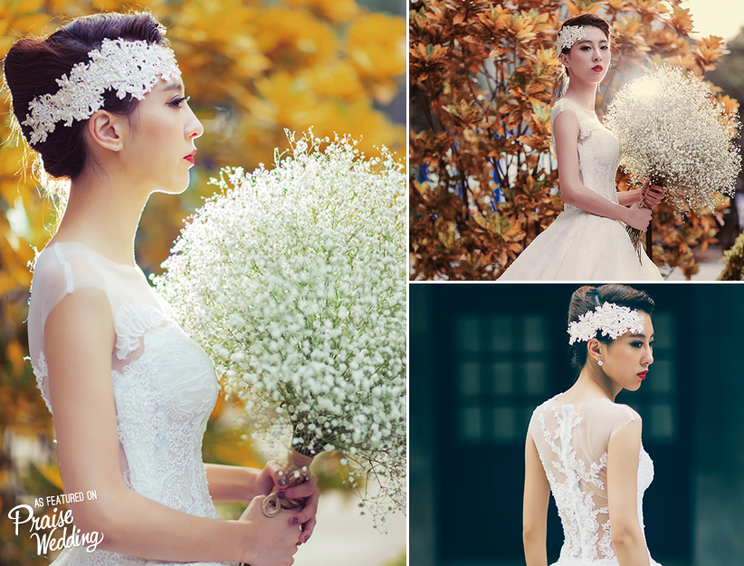 This vintage-inspired bridal look is so timeless and elegant! And Wow the oversized baby's breath is so adorable!
