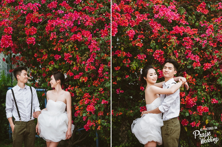 With pretty flowers as natural backdrop, this super stylish couple is showing contagious joy!