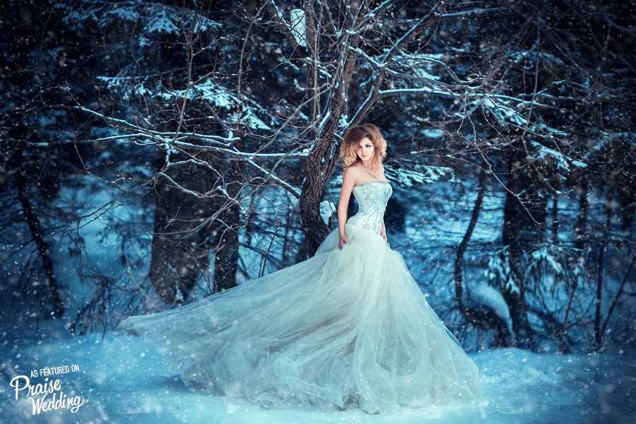 Dreaming of a white Christmas? A snowy bridal portrait featuring an ice blue tulle gown to get you start dreaming!