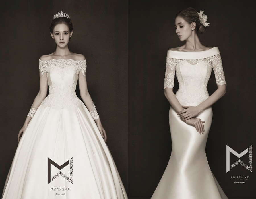 Left or right? These timeless off-the-shoulder wedding dresses by Monguae are downright droolworthy!