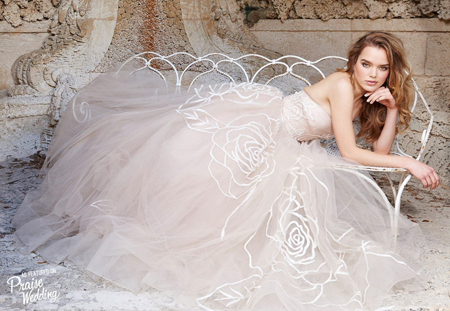 Jim Hjelm rose embroidered nude tulle bridal gown!
