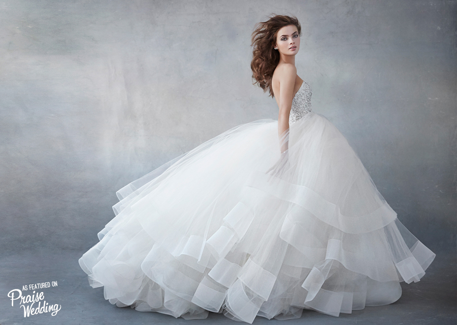 Champagne tulle ball gown featuring pearl and rhinestone encrusted bodice and romantic circular tulle skirt!