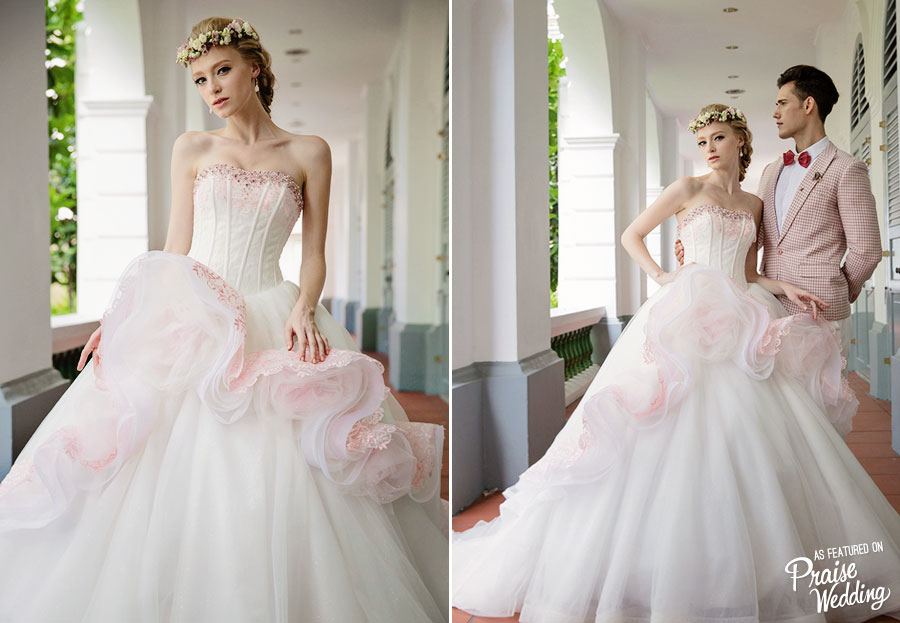 If you’re looking for a romantic wedding dress with a unique twist, this gown is for you!