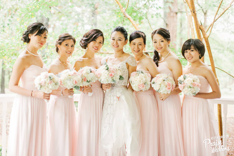 Everything from the Bride's glittering wedding dress to the blush bridesmaid gowns evokes femininity and romance!
