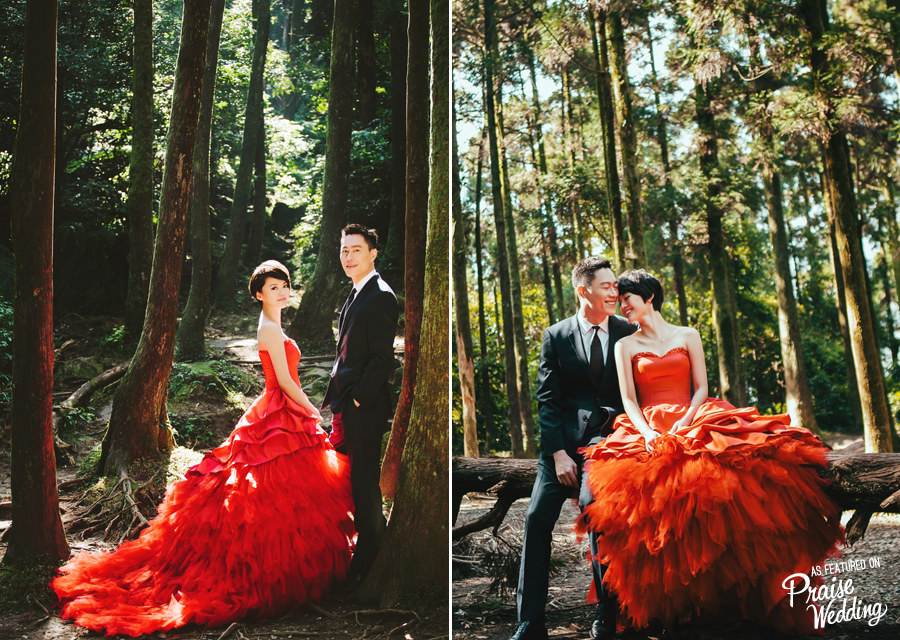 Everything from wearing a red ruffled gown in the woods, to the Bride's chic short hair look, we are so in love with this bold, stylish couple session! 