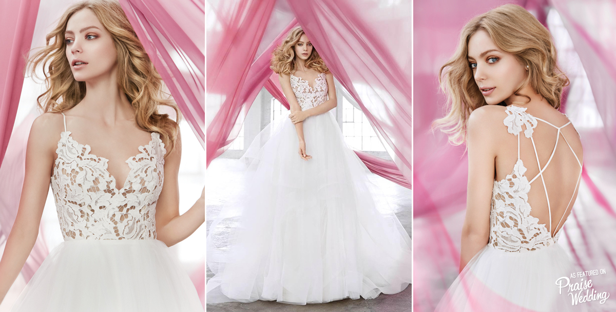Beautiful lace and tulle wedding dress with scalloped V-neck bodice and tiered tulle skirt! 