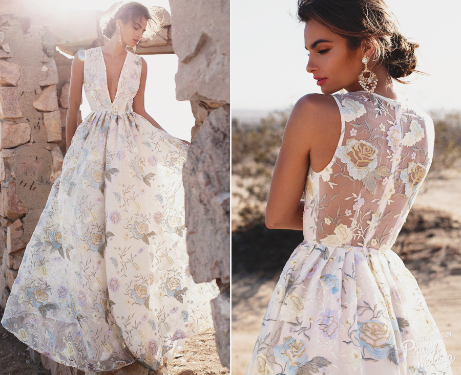A stylish floral printed gown from Lurelly's bridal collection perfect for the fashion-forward brides!