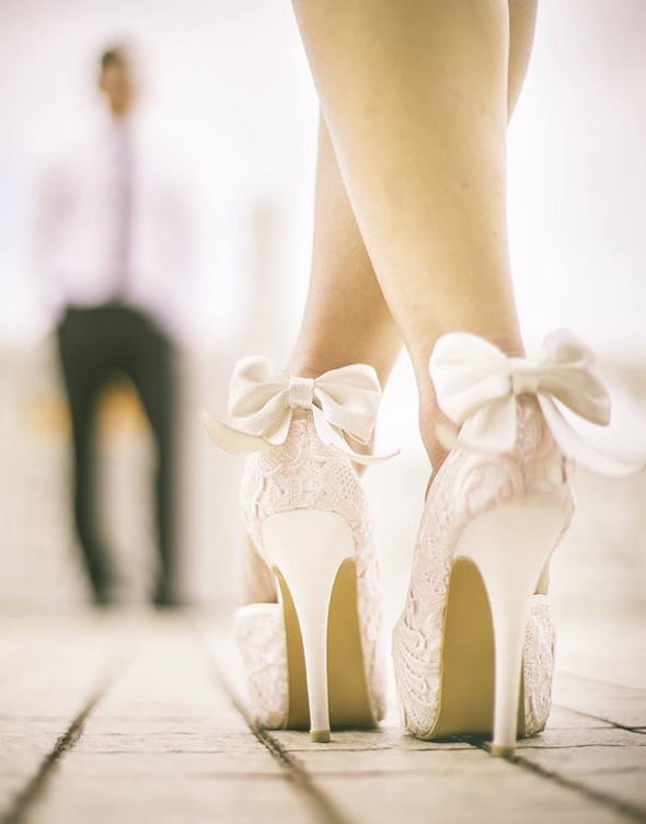 Elegant lacey bridal shoes with adorable back bow detail, this is perfect for stylish brides!