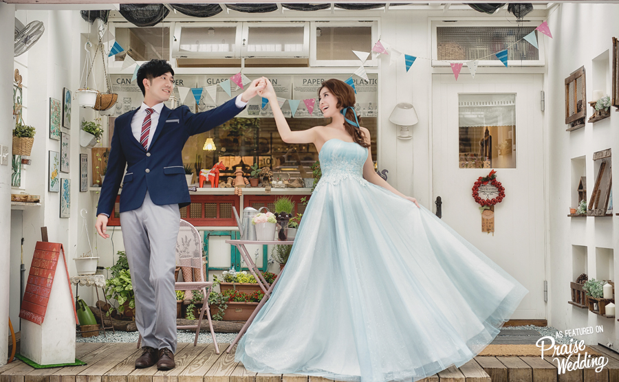 Refreshing prewedding photo featuring an utterly romantic baby blue bridal gown! 