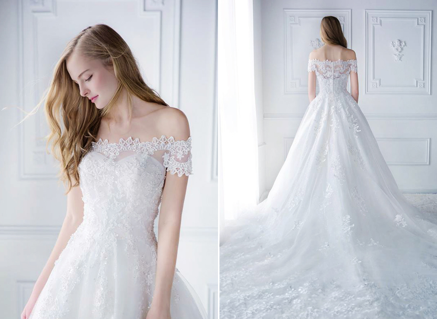 Romantic Digio Bridal off-the-shoulder laced gown to dream of all day!