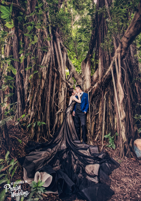 Swooning over this enchanted forest prewedding photo, featuring a statement-making black gown!