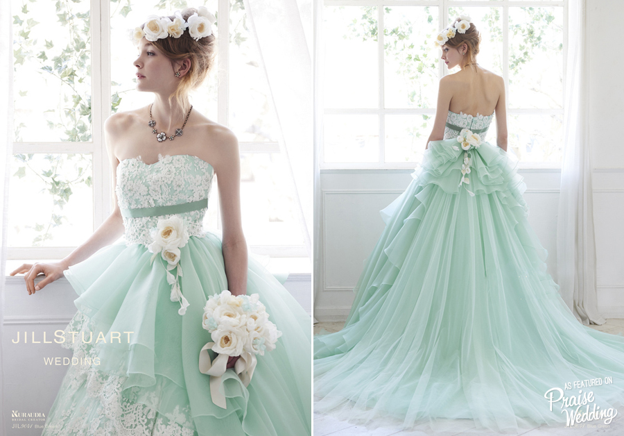 Wow! Beautiful floral lace and mint tulle! Could this Jill Stuart gown be any dreamier?