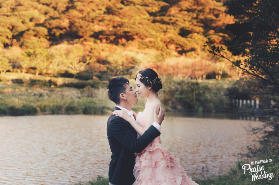 This Bride's pink dress adds just the perfect amount of sweetness to this earthy romantic engagement photo!