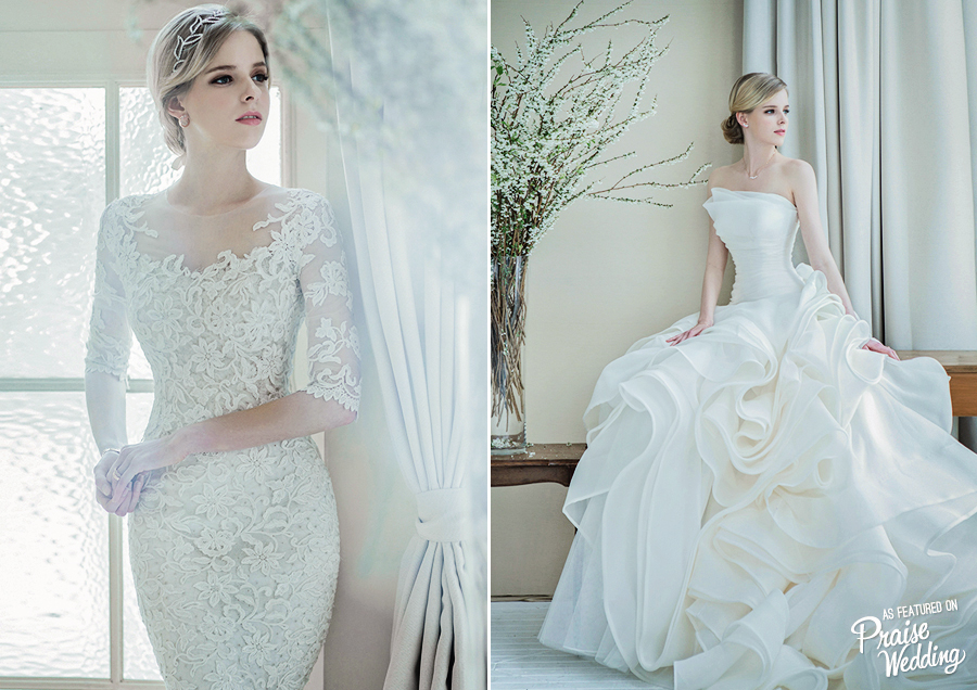 Elegant lacey sheath vs. modern ruffled ball gown - which one of these gowns from Lumiere by K would you prefer? 