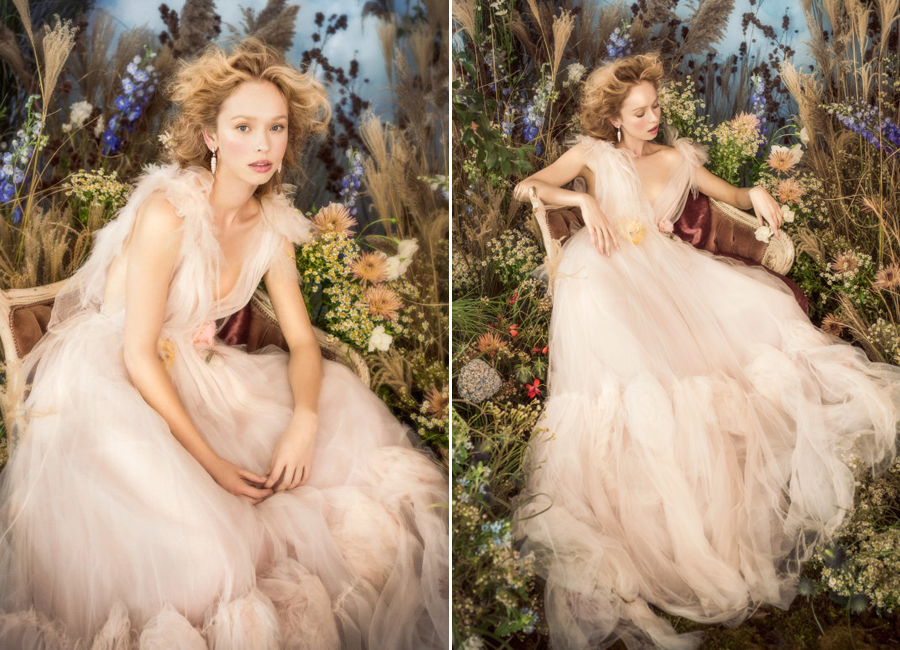 Whimsical, lively, and oh so romantic! This blush Marchesa gown embraces sweet femininity with a touch of magic!