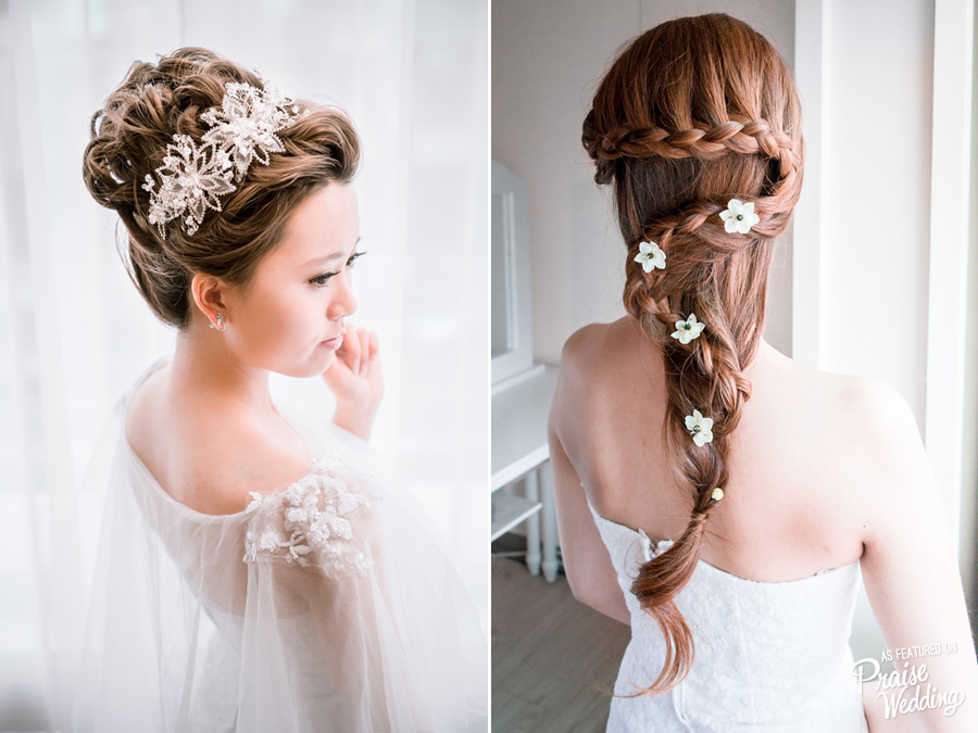 Wow-ee! Left or right? Can't take our eyes off these beautiful bridal hairdos!