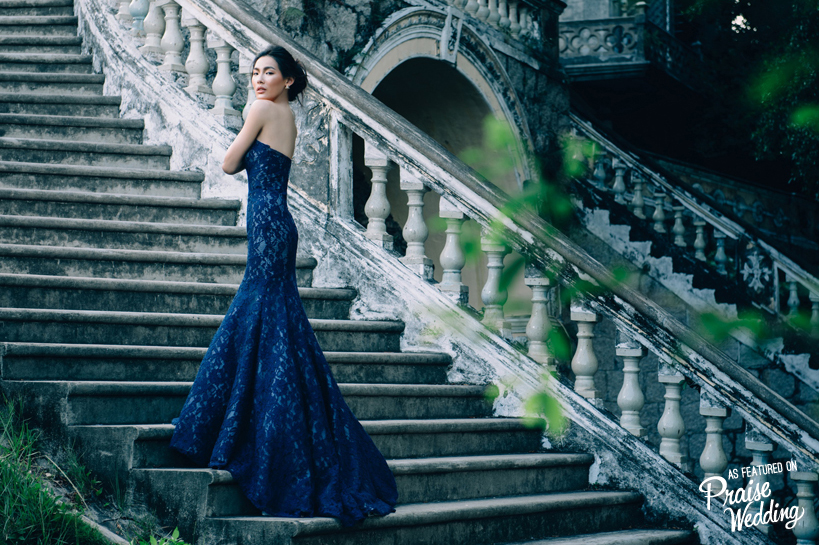 This dark blue Beattie Bridal gown is effortlessly beautiful with a touch of regal romance!