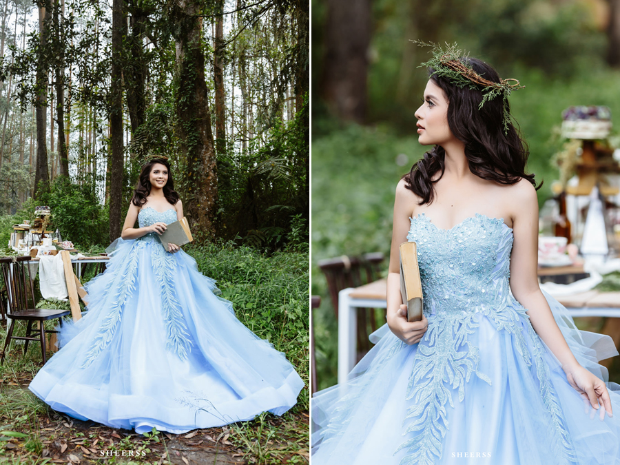 This Alice in Wonderland-themed bridal session featuring the gorgeous blue gown is bursting with enchantment! 