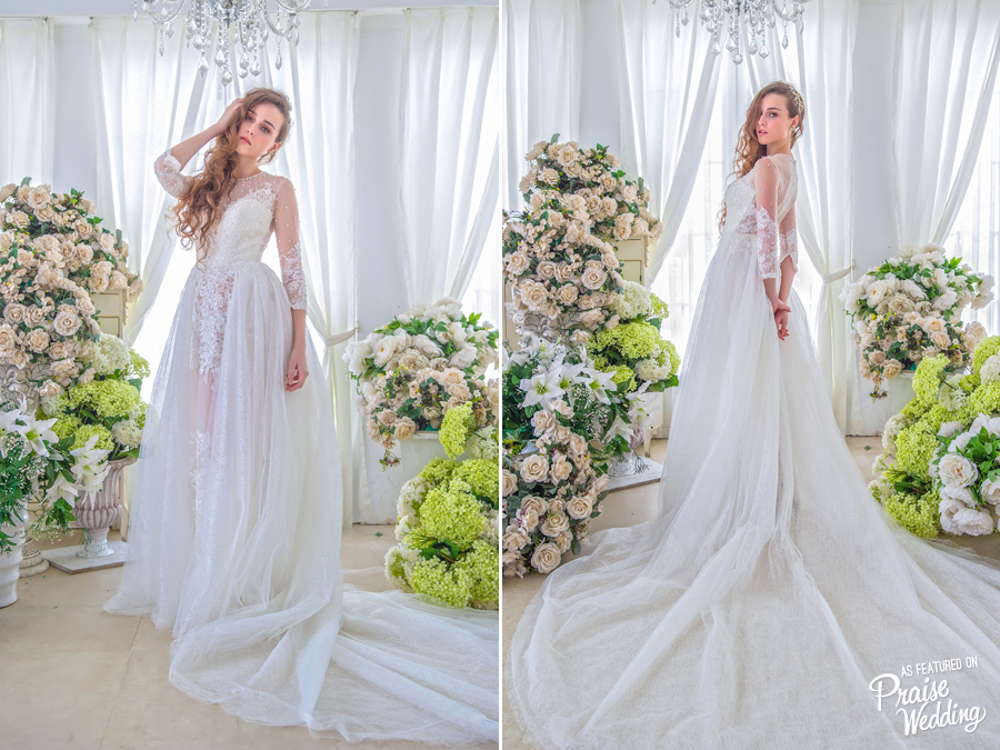 Romantic illusion sleeved Jenny Chou wedding dress dripping with glamorous beading!