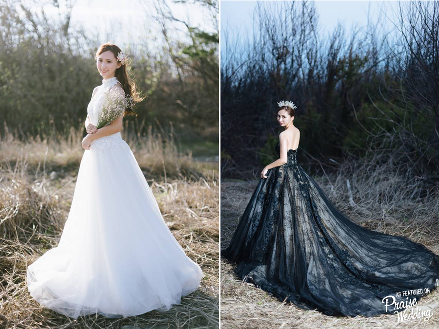 Beautiful bridal session featuring a romantic look in white, and a stylish look in black!