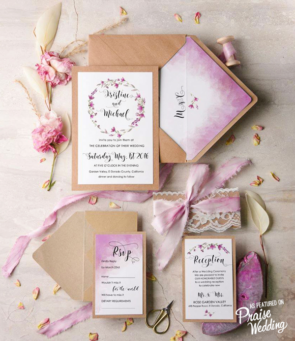 This pink watercolor invitation suite is officially on our wish list! 