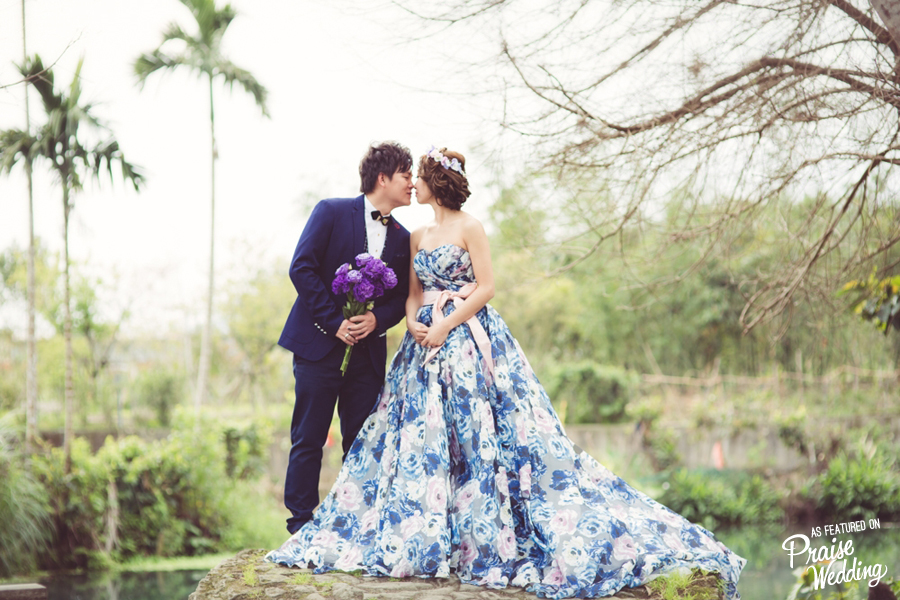 Everything from the Bride's watercolor floral gown to the rustic natural backdrop is bursting with enchantment. 