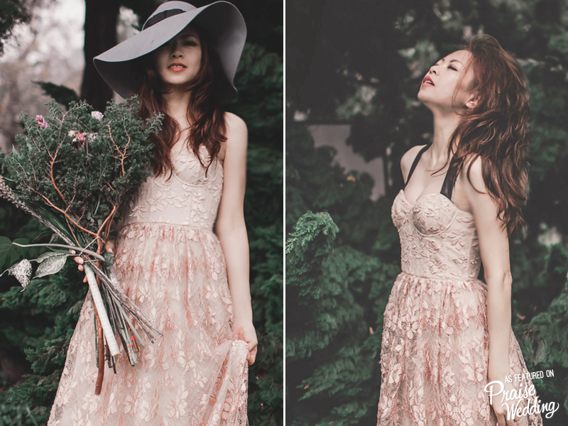 Stylish light coral gown with chic embroideries, perfect for free-spirited brides!