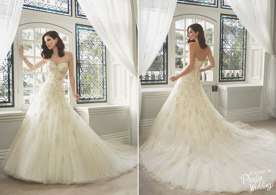 Champagne gold stars shining on a beautiful white gown, Sophia Tolli's designs never cease to amaze us!