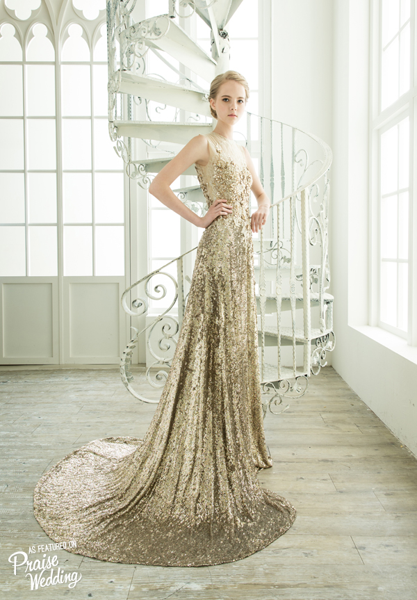 Don't let anyone ever dull your sparkle! Look and feel beautiful in this golden gown from C.H. Wedding!