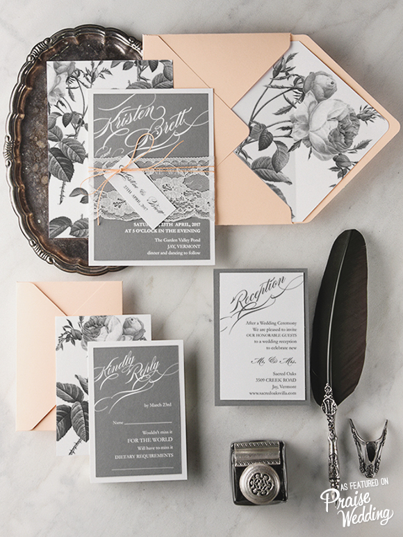 Stylish and chic, we could stare at this grey x peach invitation suite for days!